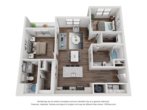 Floor plan for 2 beds, 2 baths, 1049 sqft